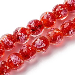 光る手作りの金砂ランプワークビーズ連売り  バラの丸  暗闇で光る  レッド  9~11mm  穴：1.2~1.5mm  約40~41個/連  14.80''~15.31''（37.6~38.9センチメートル）&nbsp;LAMP-B028-03K-10mm
