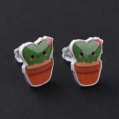 女性のためのプラスチック製のピンが付いているアクリルのかわいい植物のスタッドピアス  ハート柄  14x11mm  ピン：1mm&nbsp;EJEW-F293-01C