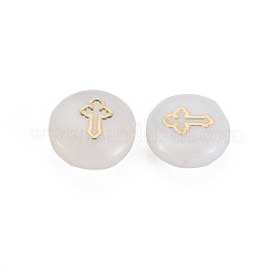 天然淡水シェルビーズ  金メッキ真鍮金属装飾付き  クロスとフラットラウンド  貝殻色  8x3.5mm  穴：0.7mm&nbsp;SHEL-S278-053
