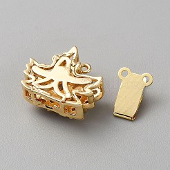 金メッキ真鍮ボックス留め具  マルチ連クラスプ  1連売り  2の穴  ガラスと  カエデの葉  ピンク  4mm  穴：18.5x17x8mmと1.2mm&nbsp;KK-CJC0001-40G-02