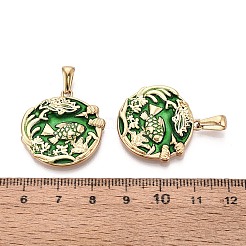 304ステンレススチールとエナメルペンダント  フラットラウンド、魚のチャーム  ゴールドカラー  グリーン  26x25x3mm  穴：7.5x3mm&nbsp;STAS-T072-73A-G