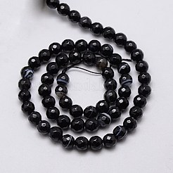 天然黒縞瑪瑙/バンデットアゲートビーズ連売り  多面カット  染め  ラウンド  ブラック  6mm  穴：1mm  約62個/連  15インチ&nbsp;G-G581-6mm-03