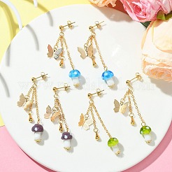 Lampwork Mushroom & Brass Butterfly Dangle Stud Earrings&nbsp;EJEW-TA00376