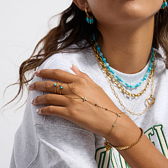 Natural Turquoise 304 Stainless Steel Flower Hand Chain Ring Bracelets for Women&nbsp;EH8478