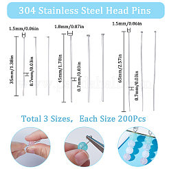 600個 3スタイル 304ステンレススチール フラットヘッドピン  ステンレス鋼色  35~65x0.7mm（21ゲージ）  200個/スタイル&nbsp;STAS-SC0005-76