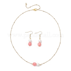 Round Natural Rhodochrosite & Shell Pearl Pendant Necklace and Dangle Earring Sets&nbsp;SJEW-JS01362