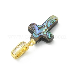 天然アワビシェル/パウアシェルペンダント  宗教クロスチャーム  真鍮マイクロパヴェクリアキュービックジルコニアペグベイル付き  ゴールドカラー  カラフル  22x13x4mm  穴：6x4mm&nbsp;PALLOY-JF05380
