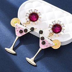 ワイングラス亜鉛合金エナメルスタッドピアス  ラインストーンとプラスチック模造パール  304ステンレスピン  ゴールドカラー  57x30mm&nbsp;EJEW-Z088-02G