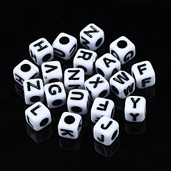 不透明なアクリルビーズ  アルファベットでキューブ  ランダムな混合文字  5x5x5mm  穴：2mm  約5050個/500g&nbsp;SACR-S273-35D-01