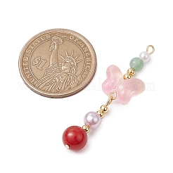 天然カーネリアンとガラスのペンダント  蝶  金色の真鍮トーンループ付き  ピンク  47x14.5x8mm  穴：1.6mm&nbsp;PALLOY-JF03192-03