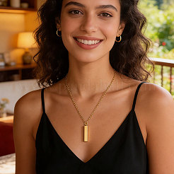 201 Stainless Steel/Brass Coated Iron Rectangle Pendant Necklace&nbsp;NJEW-CO0001-01