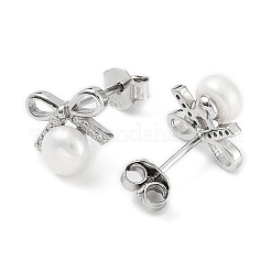 Anti-Tarnish Cubic Zirconia Bowknot with Natural Pearl Stud Earrings&nbsp;EJEW-F318-09P