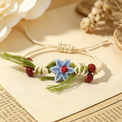 Adjustable Handmade Porcelain Flower Polyester Cord Braided Bead Bracelets for Women&nbsp;WG32CA4-02