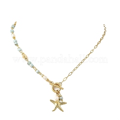 Ocean Brass Starfish Pendant Natural Larimar Beaded Chain Necklaces with OT Clasps&nbsp;NJEW-JN06663