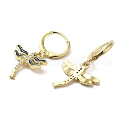 トンボ リアル 18K ゴールド メッキ ブラス ダングル レバーバック イヤリング  エナメル質とキュービックジルコニア付き  ブラック  30x17.5mm&nbsp;EJEW-L268-011G-01