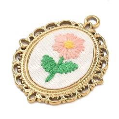 304ステンレススチールと布製のペンダント  楕円形の刺繍入り花柄チャーム  ゴールドカラー  ピンク  40x30.5x3.5mm  穴：3mm&nbsp;STAS-I369-10G-02