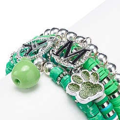 ハンドメイド ポリマークレイ ヘイシ ストレッチ ブレスレット セット  女性のための合金エナメル ペンダント チャーム ブレスレット  犬の爪 & 文字 m & リンゴ & エッフェル塔  グリーン  内径：2インチ（5cm）  4個/セット&nbsp;BJEW-JB08767