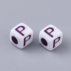 白い不透明なアクリルビーズ  水平穴  混合色の文字と立方体  文字.p  5x5x5mm  穴：2mm  約5000個/500g&nbsp;MACR-R869-01P