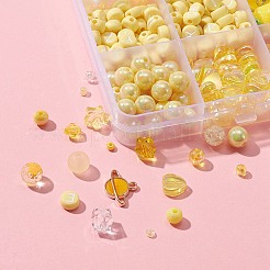 DIY チャーム ストレッチ ブレスレット メイキング キット  アクリル バイコーン & ハート & スター & 花 & イミテーション パール ビーズを含む  ガラスシードビーズ  合金エナメル & レジン ペンダント  きいろ  2128個/袋&nbsp;DIY-FS0003-35