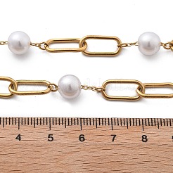 イオンプレーティング（IP）304ステンレススチールオーバルリンクチェーンネックレス（女性用）  白いプラスチックパールビーズ付き  18KGP本金メッキ  15.35インチ（39cm）&nbsp;NJEW-P320-23G