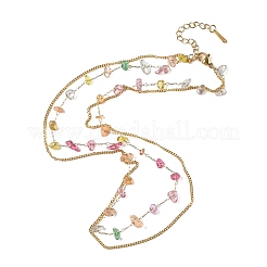 304ステンレススチールと天然ミックスストーンのカラフルなチップの二重層ネックレス（女性用）  18KGP本金メッキ  16.42インチ（41.7cm）&nbsp;NJEW-Z061-06G-01