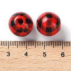 プリントウッドヨーロピアンビーズ  タータン模様のラウンド  レッド  13.5x13mm  穴：4mm&nbsp;WOOD-Z002-09A