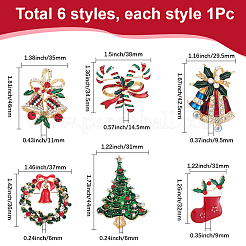 クリスマステーマのエナメルピン6個、6つのスタイル  バックパックの服のための金合金ラインストーンブローチ  混合図形  ミックスカラー  34.5~44x29.5~38mm  1個/スタイル&nbsp;JEWB-SP0001-09