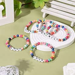 アクリルビーズレターストレッチブレスレット  子供用ブレスレット  天然木ビーズ付き  ミックスカラー  内径：1-7/8インチ（4.8cm）&nbsp;BJEW-JB07021