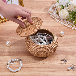 Woven Rattan Round Storage Box with Lid&nbsp;AJEW-WH0609-889