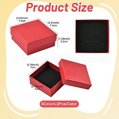 12色の厚紙製ジュエリーボックス6個  リングのために  ピアス  ネックレス  内部のスポンジ  正方形  ミックスカラー  7.4x7.4x3.2cm  2個/カラー&nbsp;CBOX-FS0001-10
