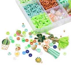 DIY春のテーマブレスレット作りキット  ポリマークレイ、アクリル、プラスチックビーズを含む  アイアン＆フェイクスエード＆アロイエナメルペンダント  伸縮性のある糸  グリーン  ペンダント：15個/箱&nbsp;DIY-YW0005-38