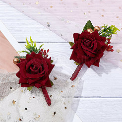 シルクブローチ1個  プラスチック製の模造花付き  結婚式のための  パーティーの装飾  ローズ  暗赤色  109x78x45mm  ピン：0.7mm&nbsp;AJEW-DJ0001-02