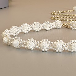 女性用フラワープラスチックイミテーションパールビーズ合金ウエストベリーチェーン  ホワイト  ゴールドカラー  1100mm&nbsp;FS-WG81ED8-01