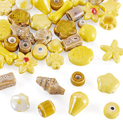 40個 20種類の手作り磁器ビーズ  光沢釉の磁器  混合図形  きいろ  6~20x6~20x5~11mm  穴：1.5~3.5mm  2個/スタイル&nbsp;PORC-TA0001-44