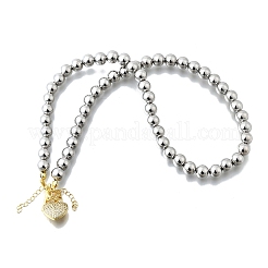 Brass Micro Pave Clear Cubic Zirconia Heart Pendant Round Beaded Necklaces for Women&nbsp;NJEW-D314-07PG