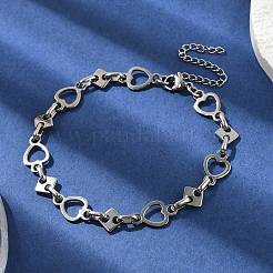 304ステンレススチールハートリンクチェーンブレスレット、男性と女性用  ステンレス鋼色  7-5/8インチ（19.5cm）&nbsp;BJEW-D042-37P