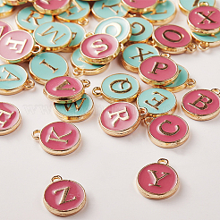 金メッキ合金エナメルチャーム  エポチャーム  アルファベット付きのフラットラウンド  a～zの文字  ターコイズ&フラミンゴ  ゴールドカラー  14x12x2mm  穴：1.5mm  26個/セット  2色  1セット/カラー  2セット /箱  52個/箱&nbsp;PALLOY-SC0002-27B