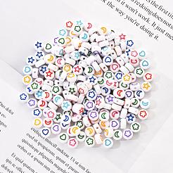 白い不透明なアクリルビーズ  ハート＆フラワー＆ムーン＆スターのフラットラウンド  士官候補生ブルー  7x4mm  穴：1.6mm  200個/セット&nbsp;MACR-YW0001-19B