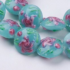 手作り凹凸柄ランプワークビーズ連売り  花付きフラットラウンド  ミックスカラー  17~20.5x10~14mm  穴：1.4mm&nbsp;LAMP-K027-06