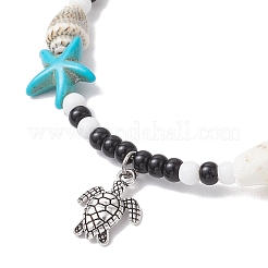 2Pcs 2 Styles Summer Beach Synthetic Turquoise Starfish & Natural Cowrie Shell & Glass Seed Round Beaded Alloy Turtle Charm Anklets&nbsp;AJEW-TA00038