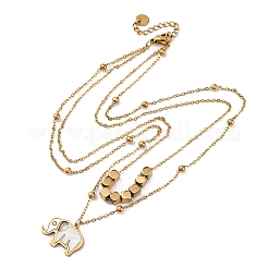 304 ステンレススチール パヴェ ナチュラル ホワイト シェル エレファント ペンダント ダブルレイヤー ネックレス  イオンプレーティング（ip）  18KGP本金メッキ  長さ15.28インチ(38.8cm)+58mmエクステンダー&nbsp;NJEW-R026-06G