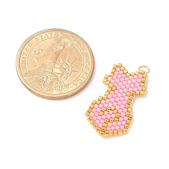手作りガラスシードビーズ猫型ペンダント  金色の304ステンレススチール製丸カン付き  ピンク  27x15x1.5mm  穴：3mm&nbsp;PALLOY-MZ00604-01
