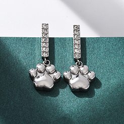 304ステンレススチールダングルスタッドピアス  ラインストーン付き  足跡  ステンレス鋼色  29x12mm&nbsp;EJEW-C148-02P