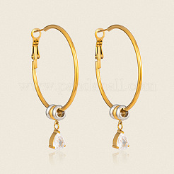 Two Tone 304 Stainless Steel Pave Cubic Zirconia Hoop Dangle Earrings for Women&nbsp;IV5228-1