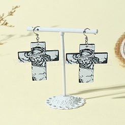 304ステンレススチールダングルイヤリング  アクリルペンダント  クロス  ブラック  64mm&nbsp;EJEW-FS00010