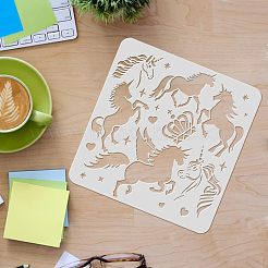 プラスチック再利用可能な描画絵画ステンシル テンプレート  スクラップブック、布地、タイル、床、家具、木材の塗装用  正方形  ユニコーン模様  300x300mm&nbsp;DIY-WH0172-322