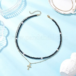 304 Stainless Steel Satellite Chain Cherry Quartz Glass & Glass Faceted Round Beaded Double Layer Pendant Necklaces&nbsp;NJEW-JN05510-01