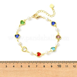 Brass Glass Colorful Heart Link Chain Bracelets with Natural Pearl Beads for Women&nbsp;BJEW-JB14163