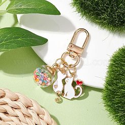 猫合金エナメルペンダント装飾  バッグの装飾用の合金製回転留め具とガラス製ボールチャーム  ホワイト  55mm  ペンダント：21~25x8.5~16mm&nbsp;HJEW-JM01981-01