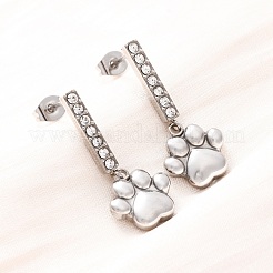 304ステンレススチールダングルスタッドピアス  ラインストーン付き  足跡  ステンレス鋼色  29x12mm&nbsp;EJEW-C148-02P